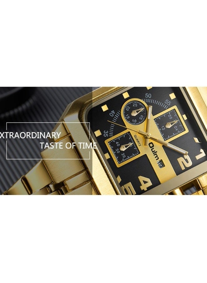 Oulm Men's Gold Steel Band Calendar Square Quartz Watch with Large Dial - Image 2
