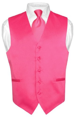 Vesuvio Napoli Men's Dress Vest & NeckTie Solid HOT PINK FUCHSIA Color Neck Tie Set sz L - Image 1
