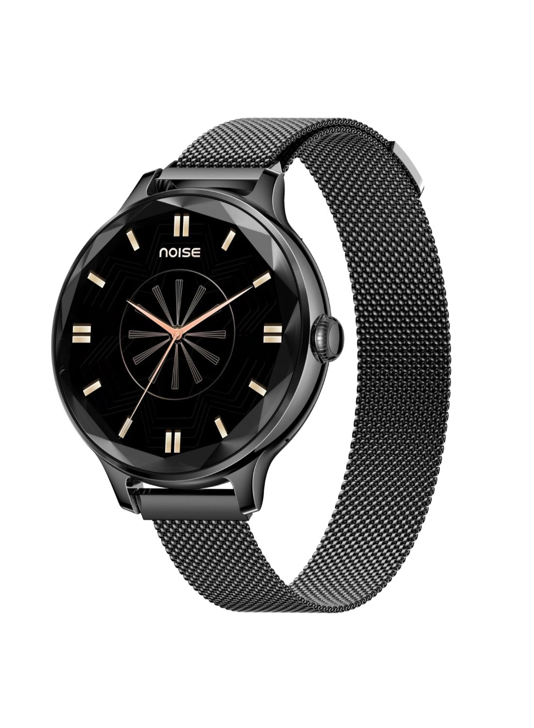 Diva Smartwatch With Diamond Cut Dial, Glossy Metallic Finish, Amoled Display, Mesh Metal And Leather Strap Options, 100+ Watch Faces, Female Cycle Tracker Smart Watch For Women Black Link