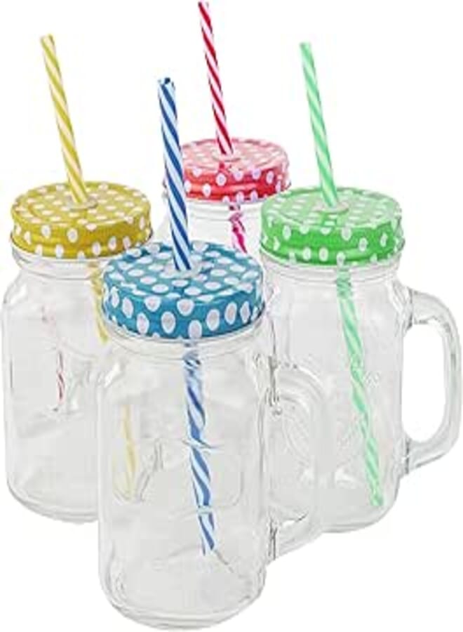 Golden Spoon Glass Drinking Jar with Handle, Stainless Steel Lid, Stainless Steel Colored Lid, Colored Straws, Dishwasher Safe, BPA Free, Set of 4 (16 oz/Pint)