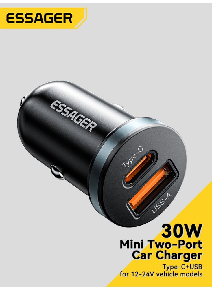 ESSAGER 30W Car Charger, Dual Port USB-C PD + USB-A Fast Charging Adapter, Mini Cigarette Lighter Charger for Commute, Travel and Road Trips (Black) - Image 1