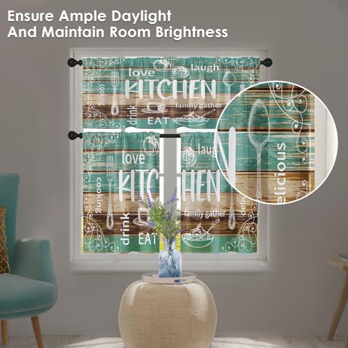 Tayney Farmhouse Rustic Kitchen Window Curtains Valance and Tier Set 36 Inch, Teal Turquoise Brown Rod Pocket Short Tier Curtain for Bathroom, Wooden Vintage Small Cafe Drapes for Kitchen Decor - Image 2