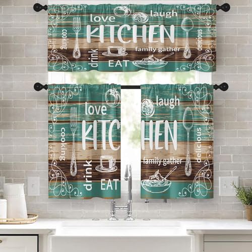 Tayney Farmhouse Rustic Kitchen Window Curtains Valance and Tier Set 36 Inch, Teal Turquoise Brown Rod Pocket Short Tier Curtain for Bathroom, Wooden Vintage Small Cafe Drapes for Kitchen Decor - Image 1