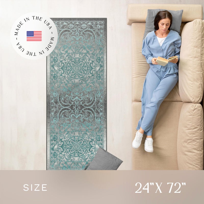 Maples Rugs Pelham Transitional Runner Rug - Made in USA - Washable, Non Slip, Indoor Carpet for Hallway, Kitchen, and Laundry Room, 2' x 6', Blue/Grey - Image 3