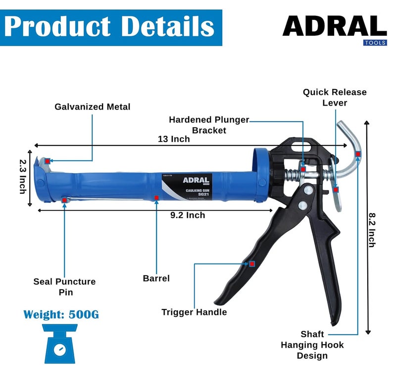 ADRAL Heavy Duty 9-Inch Caulking Gun with Aluminium Handle | 500g | Solid Riveted Barrel | 5mm Hardened Plunger Bracket | Smooth U-Bend Rod | Built-in Poking Pin | Heavy-Duty Trigger Handle - Image 3