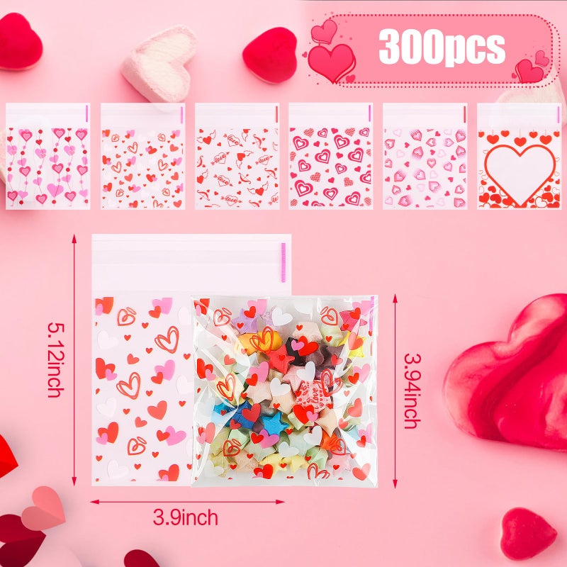 CCINEE 300pcs Valentine'S Day Cellophane Bags, Self Adhesive Heart Cellophane Treat Bags Plastic Cookie Candy Bags Bulk for Holiday Party Gift Bags Supplies - Image 2