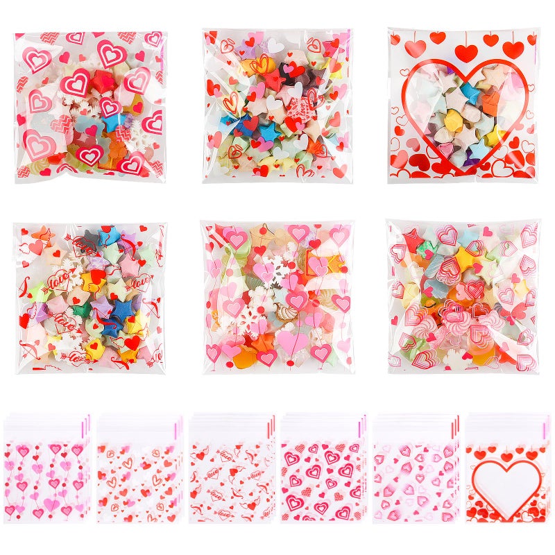 CCINEE 300pcs Valentine'S Day Cellophane Bags, Self Adhesive Heart Cellophane Treat Bags Plastic Cookie Candy Bags Bulk for Holiday Party Gift Bags Supplies - Image 1