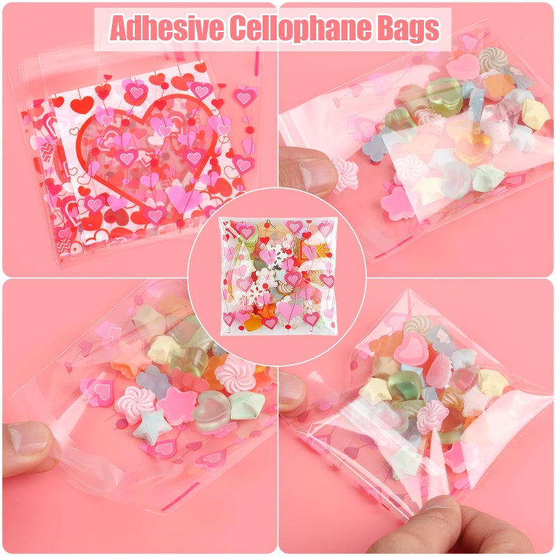 CCINEE 300pcs Valentine'S Day Cellophane Bags, Self Adhesive Heart Cellophane Treat Bags Plastic Cookie Candy Bags Bulk for Holiday Party Gift Bags Supplies - Image 5