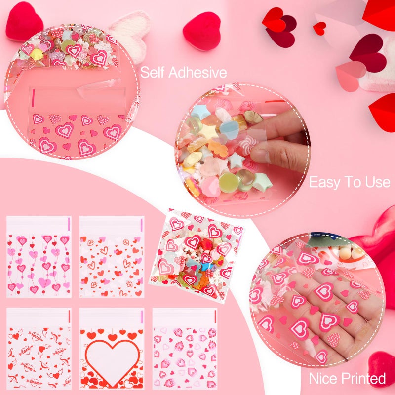 CCINEE 300pcs Valentine'S Day Cellophane Bags, Self Adhesive Heart Cellophane Treat Bags Plastic Cookie Candy Bags Bulk for Holiday Party Gift Bags Supplies - Image 3
