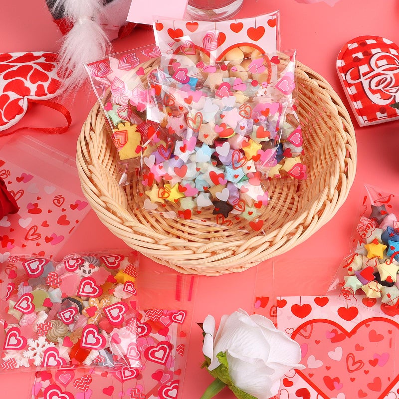 CCINEE 300pcs Valentine'S Day Cellophane Bags, Self Adhesive Heart Cellophane Treat Bags Plastic Cookie Candy Bags Bulk for Holiday Party Gift Bags Supplies - Image 4