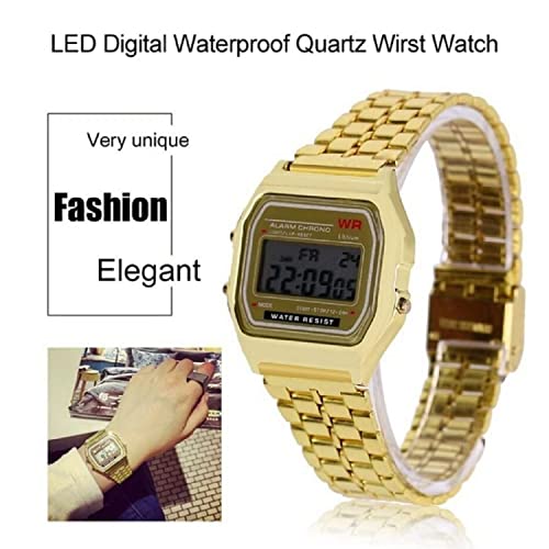 Acnos® Premium Brand Vintage Series Digital Sports Square Gold Dial LED Unisex Stainless Steel Strap Watch for Men's Watch for Women's - Image 4