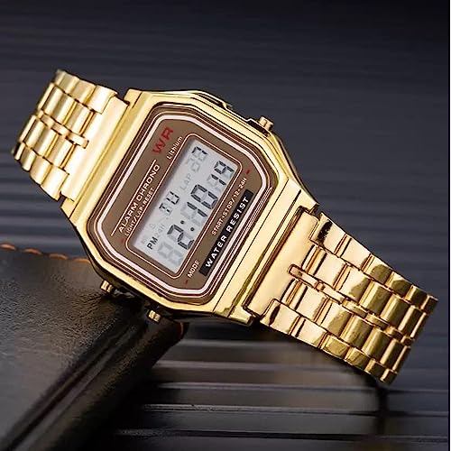 Acnos® Premium Brand Vintage Series Digital Sports Square Gold Dial LED Unisex Stainless Steel Strap Watch for Men's Watch for Women's - Image 3