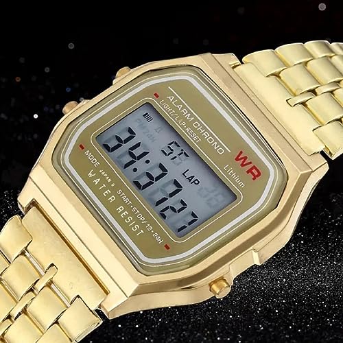 Acnos® Premium Brand Vintage Series Digital Sports Square Gold Dial LED Unisex Stainless Steel Strap Watch for Men's Watch for Women's - Image 2