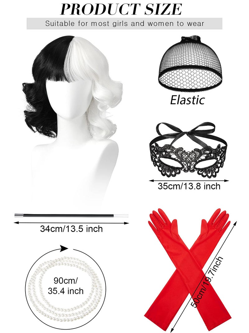 BBTO 6 Pieces Black and White Wigs Cosplay Costume Set Halloween Party 1920s Accessories Costume for Women(Cute Style) - Image 3