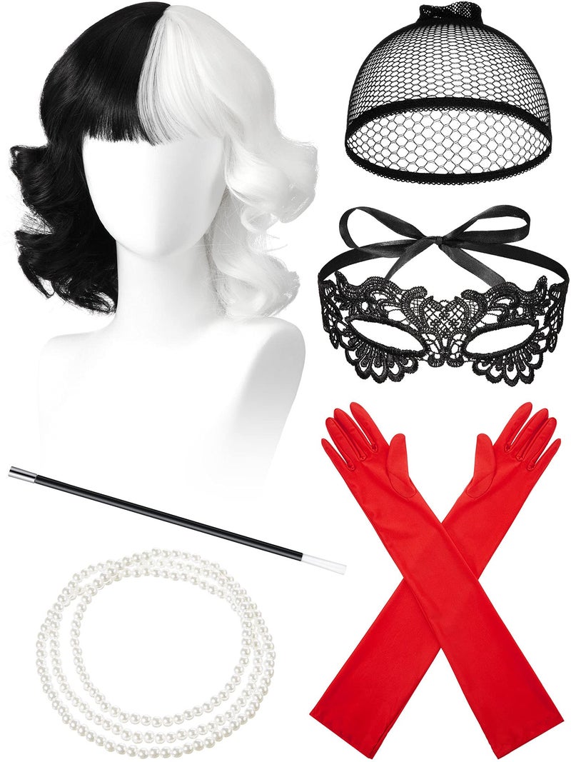 BBTO 6 Pieces Black and White Wigs Cosplay Costume Set Halloween Party 1920s Accessories Costume for Women(Cute Style) - Image 1