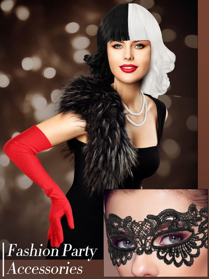 BBTO 6 Pieces Black and White Wigs Cosplay Costume Set Halloween Party 1920s Accessories Costume for Women(Cute Style) - Image 5