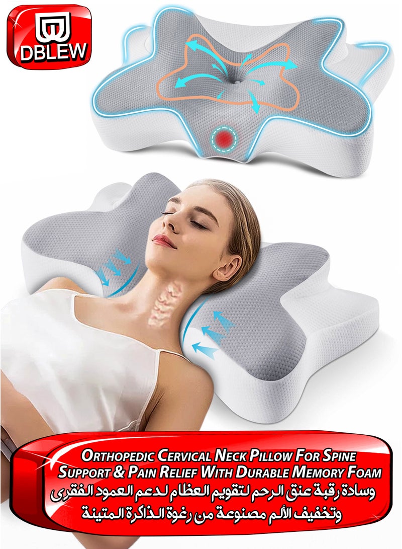 دي بلو وسادة رقبة عنقية لتقويم العظام لتخفيف آلام الرقبة ودعم الكتف ومحاذاة العمود الفقري – وسادة رغوة الذاكرة بتصميم فراشة مريح مع ارتفاع مزدوج وتجويف مركزي ومناطق لدعم الذراع وسادة دعم للرقبة بتصميم منحني للنوم على الجانب أو الظهر أو البطن غطاء قابل للغسل - Image 1