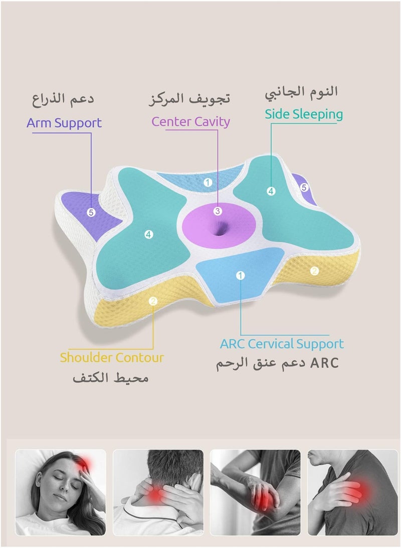 دي بلو وسادة رقبة عنقية لتقويم العظام لتخفيف آلام الرقبة ودعم الكتف ومحاذاة العمود الفقري – وسادة رغوة الذاكرة بتصميم فراشة مريح مع ارتفاع مزدوج وتجويف مركزي ومناطق لدعم الذراع وسادة دعم للرقبة بتصميم منحني للنوم على الجانب أو الظهر أو البطن غطاء قابل للغسل - Image 3