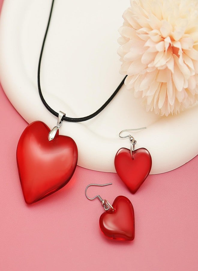 RechicGu Y2K Grunge Gothic Necklace Big Chunky Puffy Red Heart Pendant Choker Necklace Earrings Jewelry Set, Black String Chain,Stainless Steel Hook,Earrings, Valentine`s Gift For Women - Image 3
