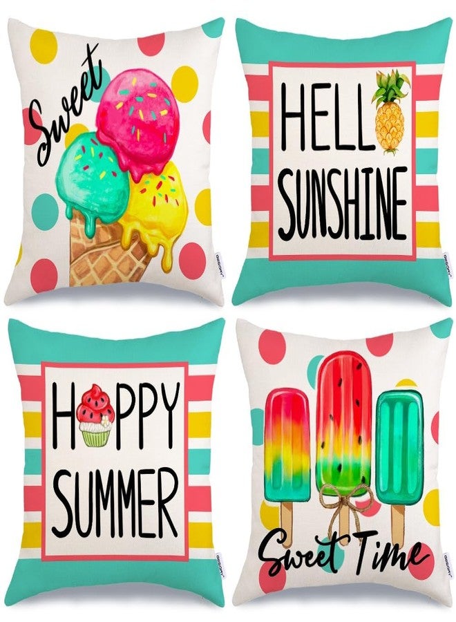 GEEORY Summer Pillow Covers 18x18 Inch Set of 4, Icecream Popsicle Hello Sunshine Happy Summer Decorative Throw Pillow Farmhouse Decor for Sofa Decoration G709-18 - Image 1