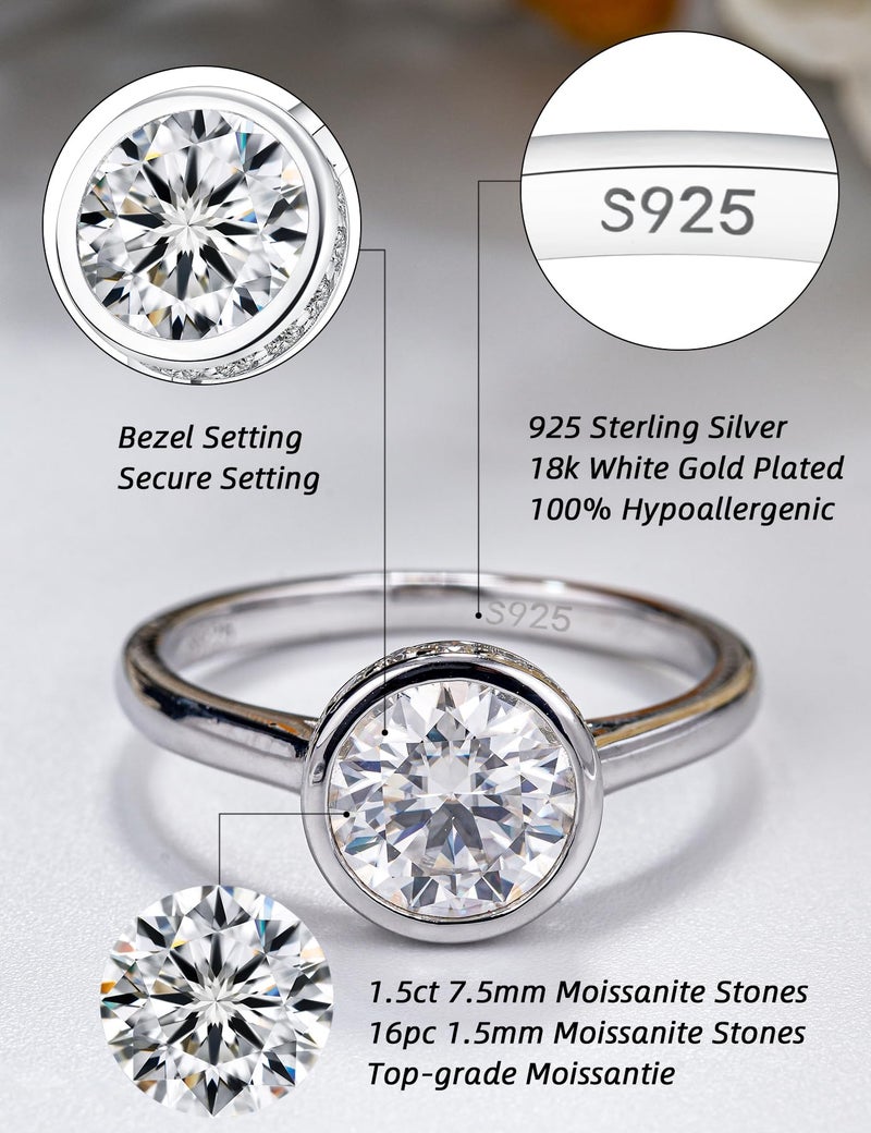 IMOLOVE Moissanite Engagement Rings for Women, 1.5 Carat D Color VVS1 Solitaire Bezel Engagement Ring Hidden Halo Round Cut Moissanite Wedding Rings for Women with 18K White Gold Plated Size 7 - Image 2