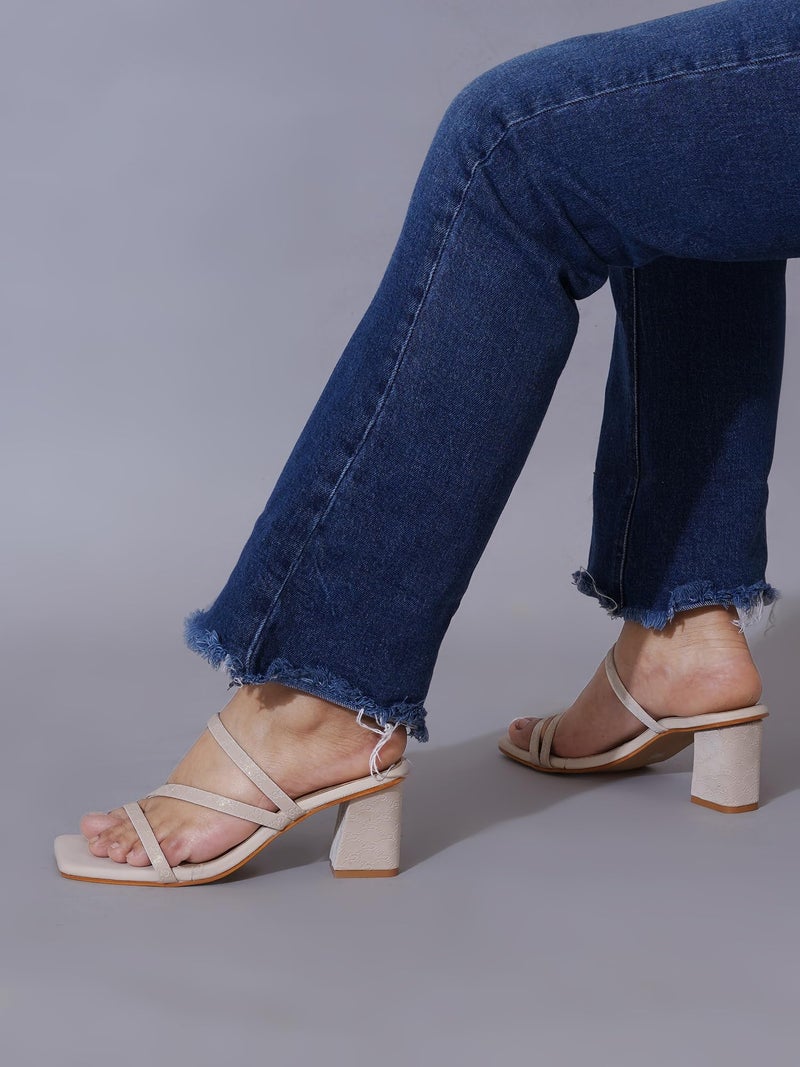 NZS Women’s Cream Block Heel Slip-On Sandals – Stylish Heel Party Footwear Heels with Cross Strap Design EU38 - Image 3