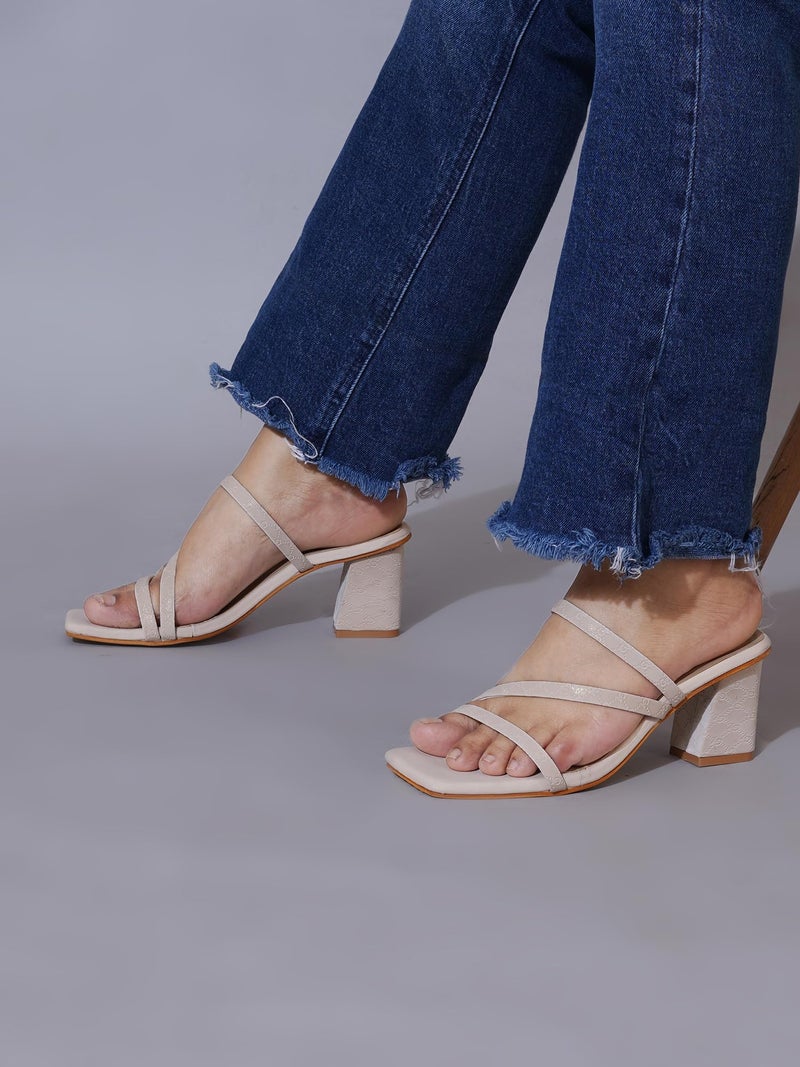 NZS Women’s Cream Block Heel Slip-On Sandals – Stylish Heel Party Footwear Heels with Cross Strap Design EU38 - Image 5