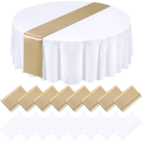 Tudomro 16 Pcs White and Champagne Round Plastic Tablecloth and Satin Table Runner Set 84 Inch Round Covers 12 x 108 Inch Table Runners for Christmas Wedding Birthday Party Baby Shower - Image 1