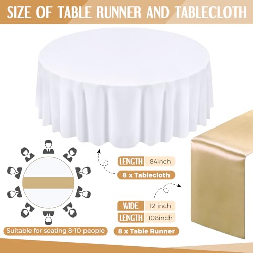 Tudomro 16 Pcs White and Champagne Round Plastic Tablecloth and Satin Table Runner Set 84 Inch Round Covers 12 x 108 Inch Table Runners for Christmas Wedding Birthday Party Baby Shower - Image 3