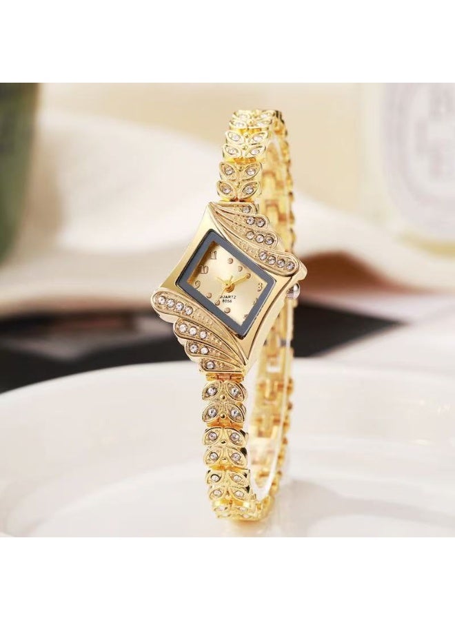 Elegant Ladies' Rhinestone Bracelet Watch – Gold Steel Band, Square Dial Quartz Fashion Watch - Image 1