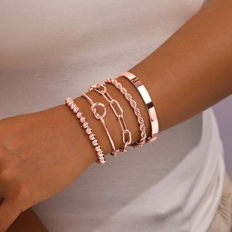 Gokeey Rose Gold Cuff Bracelets for Women,Dainty Rose Gold Bangles Bracelets Set for Women, Paperclip Link Chain Rope Beaded Tie Knot Bracelets Stack Chunky Jewelry - Image 4