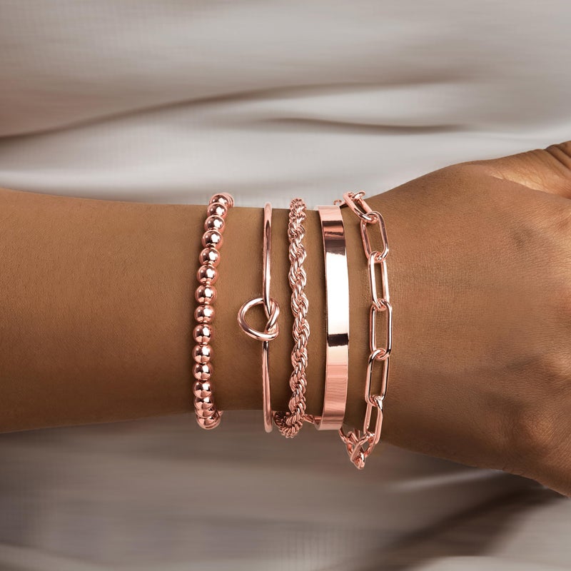 Gokeey Rose Gold Cuff Bracelets for Women,Dainty Rose Gold Bangles Bracelets Set for Women, Paperclip Link Chain Rope Beaded Tie Knot Bracelets Stack Chunky Jewelry - Image 2