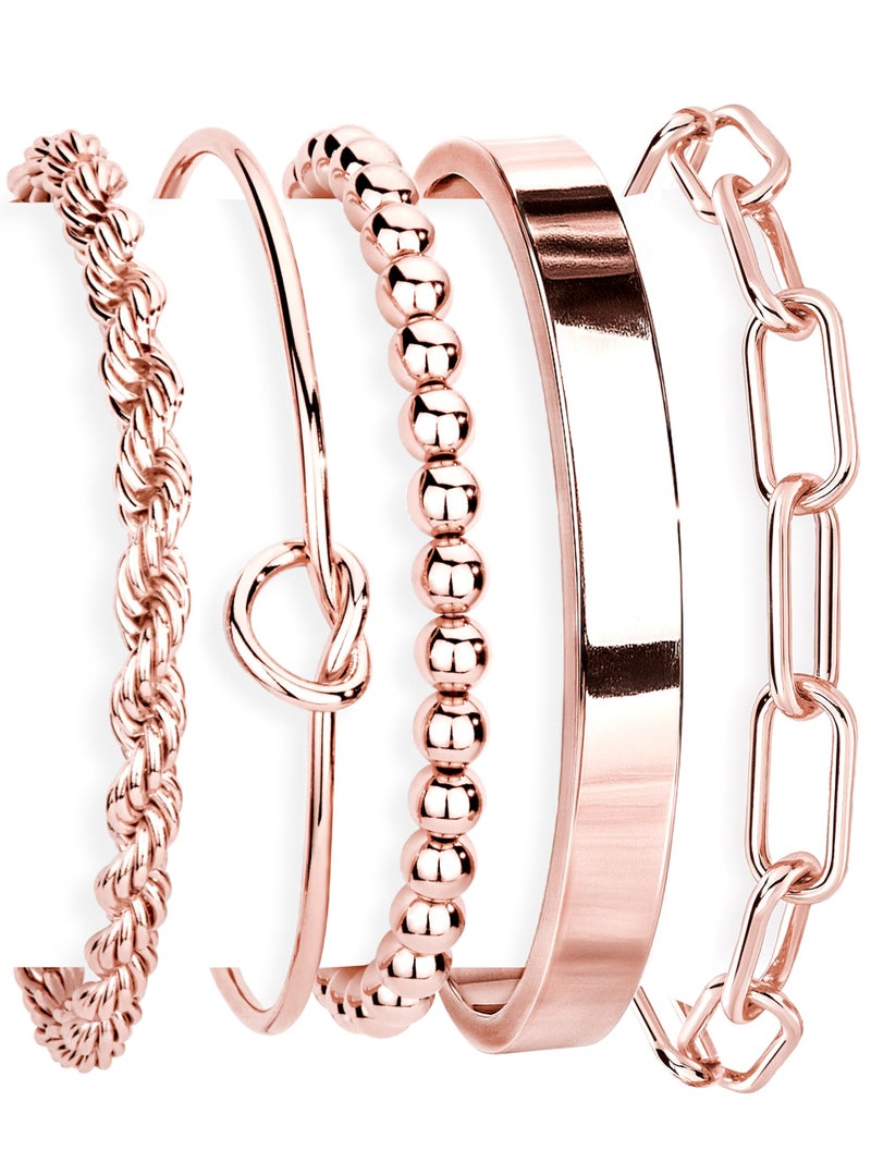 Gokeey Rose Gold Cuff Bracelets for Women,Dainty Rose Gold Bangles Bracelets Set for Women, Paperclip Link Chain Rope Beaded Tie Knot Bracelets Stack Chunky Jewelry - Image 1