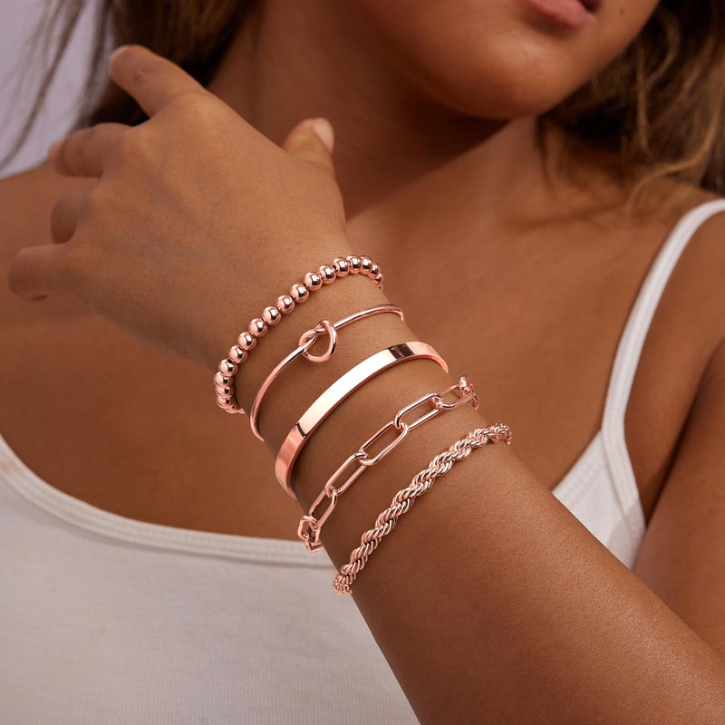 Gokeey Rose Gold Cuff Bracelets for Women,Dainty Rose Gold Bangles Bracelets Set for Women, Paperclip Link Chain Rope Beaded Tie Knot Bracelets Stack Chunky Jewelry - Image 3