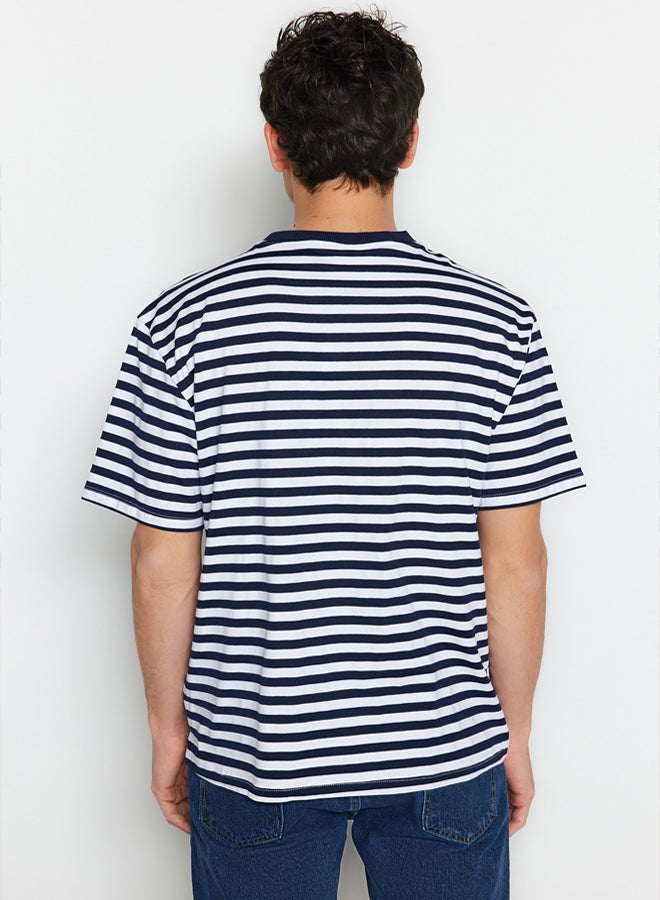 trendyol Navy Blue Wide CuT STriped T-shirt  ShorT Sleeve - Image 2