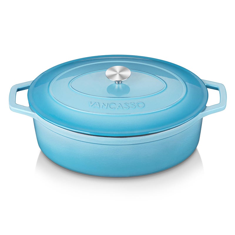vancasso vancasso Enameled Cast Iron Dutch Oven 93 Quart Dutch Oven Pot with Lid Oval Dutch Oven Cast Iron Pot with Non Stick Coating for Bread Baking Light Blue 