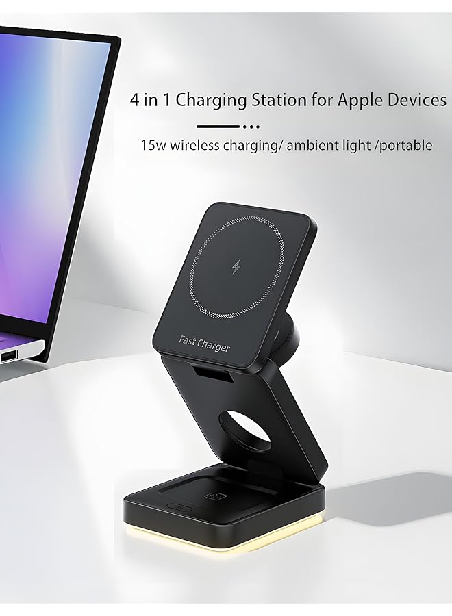 erorex 3 In 1 Charging Station For Smart Phone Devices Safe 15W Faster Mag Safe Charger Stand Magnetic Wireless Charger For Iphone 16 15 14 13 12 Iwatch Airpods Black  - Image 3