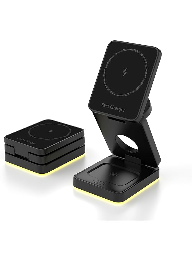erorex 3 In 1 Charging Station For Smart Phone Devices Safe 15W Faster Mag Safe Charger Stand Magnetic Wireless Charger For Iphone 16 15 14 13 12 Iwatch Airpods Black  - Image 2