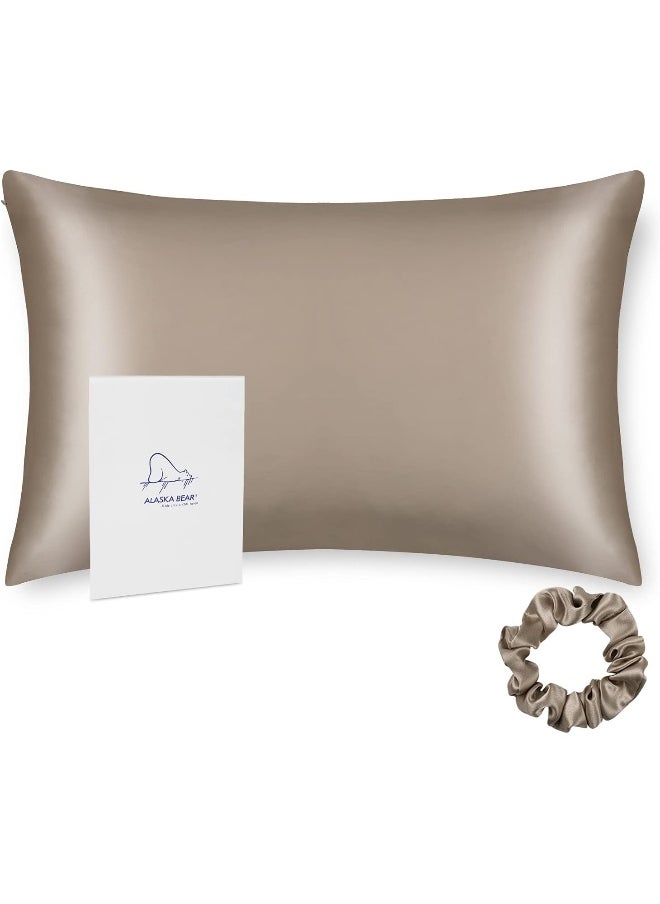 ALASKA BEAR ALASKA BEAR Silk Pillowcase for Hair and Skin, 100% Mulberry Silk Pillow Cases Queen Size for Bliss Sleep with Random Color Scrunchy Gift Set Better Than Poly Satin, 1pc, Taupe  - Image 1