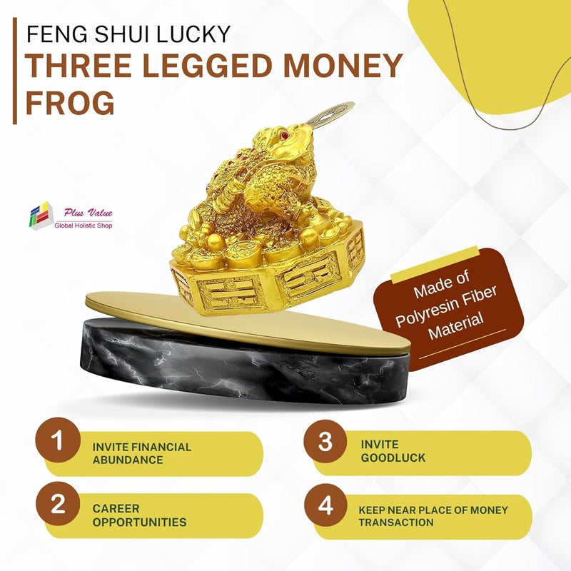 Plus Value Feng Shui Lucky Three Legged Money Frog with Coin in Mouth Toad Good Luck Wealth Prosperity Success Happiness Positivity Home Office Decor Gifting Golden 3 Inches Fiber Religious - Image 2