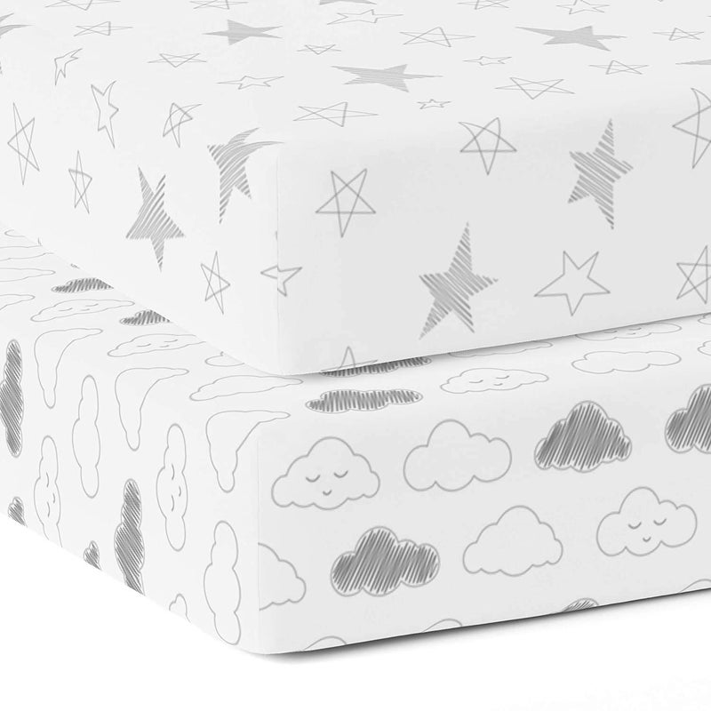The White Cradle Cotton Baby Crib Fitted Bed Sheets for Cot Organic Twill Fabric Baby Bedding for New Born Infants Toddlers 52x28 Pack of 2 The White Cradle Star Clouds