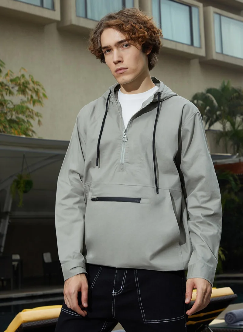 Campus Sutra Men's Coin Grey Half-Zip Utility Jacket