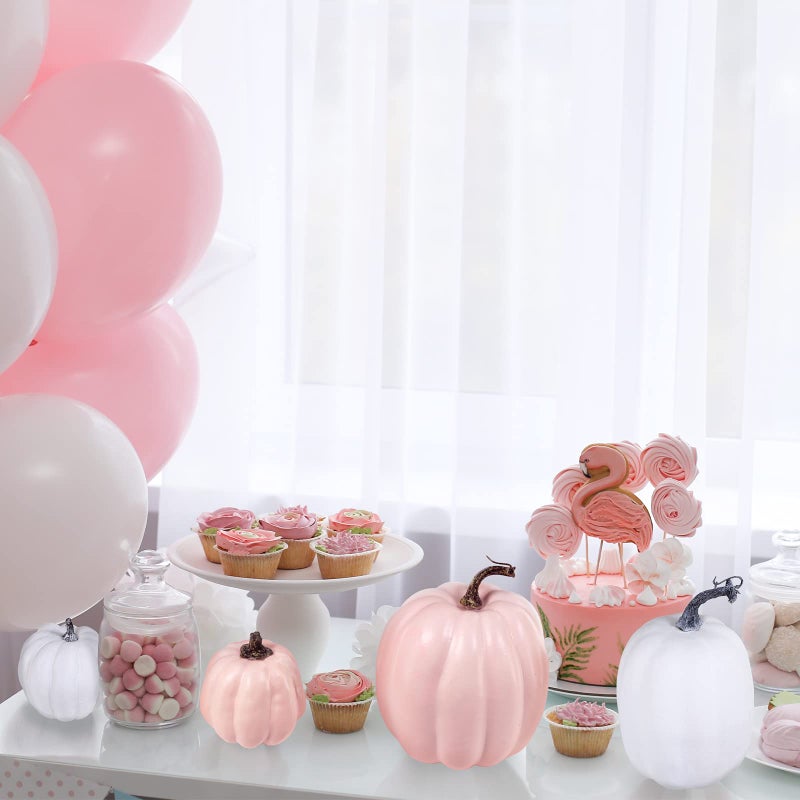 Winlyn Winlyn 7 Pcs Assorted Sizes Fall Artificial Light Pink Pumpkins Harvest Pumpkins Faux Foam Pale Pink Pumpkins for Fall Autumn Season Halloween Thanksgiving Harvest Festive Tabletop Decoration  - Image 4