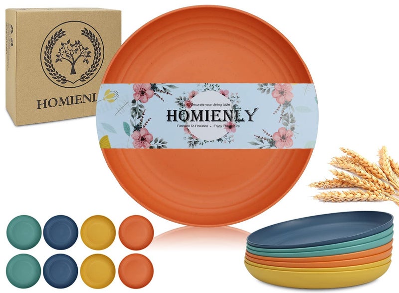 Homienly Wheat Straw Dinner Plates Set of 8 - Alternative to Plastic, Microwave & Dishwasher Safe, Unbreakable Kids Plates with 4 Colors (Colorful, 8 inch) - Image 1
