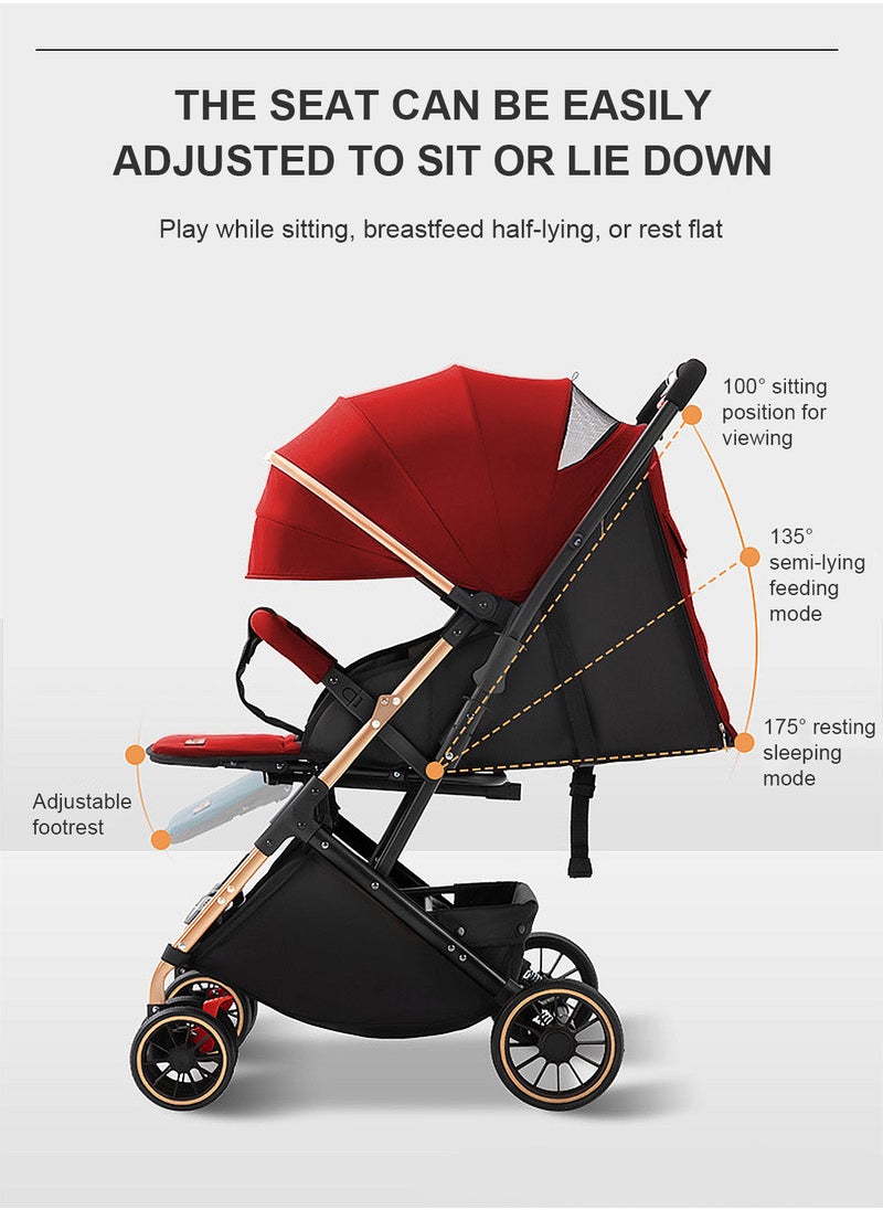 Baby Stroller, Travel System Pram, Lightweight Stroller, Reversible Handle,Travel Stroller with Adjustabel Footrest and Backrest, Can Sit and Lie