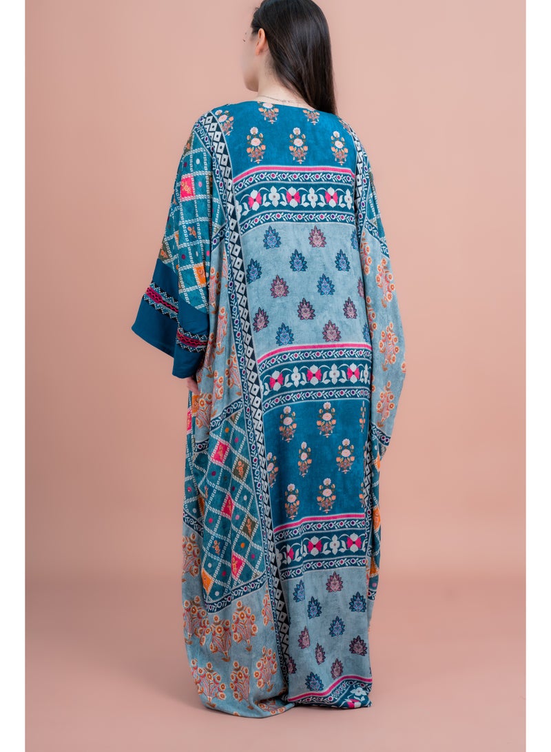 IKKXA Boho Embroidered Loose Fit Jalabiya IK077 Blue - Image 5