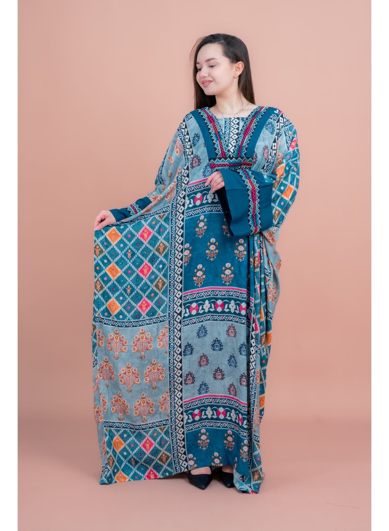 IKKXA Boho Embroidered Loose Fit Jalabiya IK077 Blue - Image 1