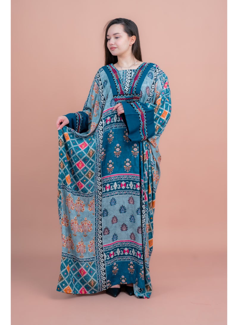 IKKXA Boho Embroidered Loose Fit Jalabiya IK077 Blue - Image 2