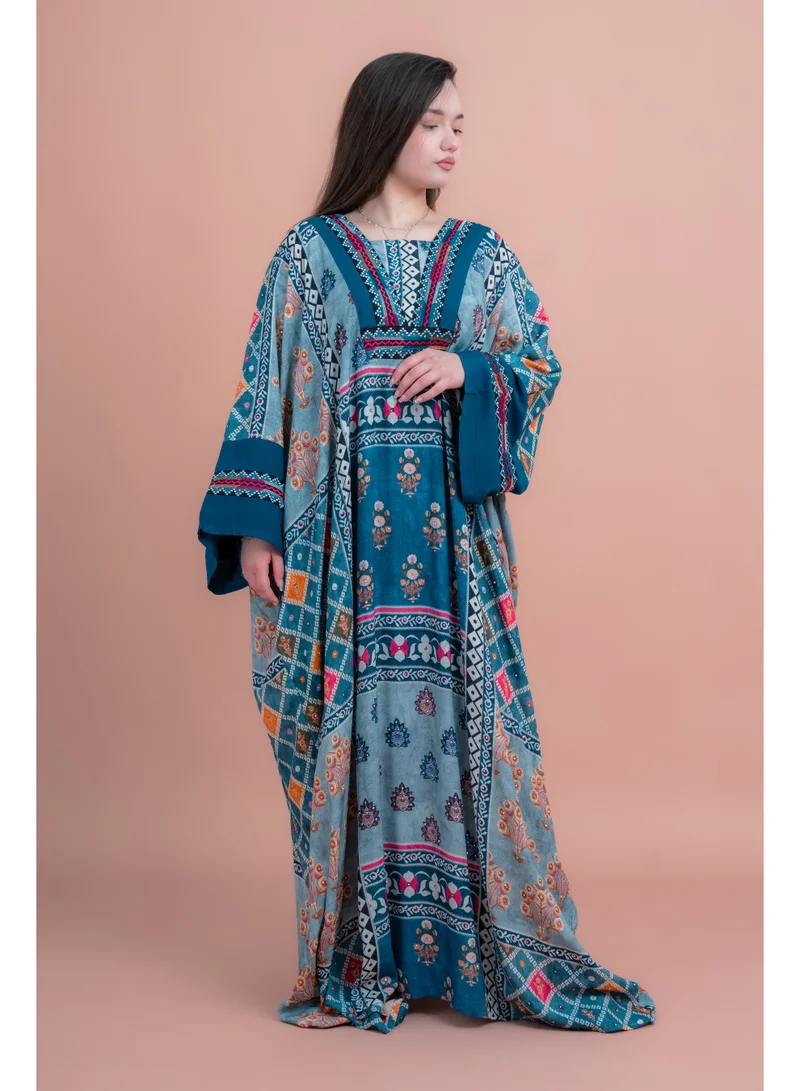 اكسا جلابية واسعة بوهيمي مطرزة IK077 ازرق