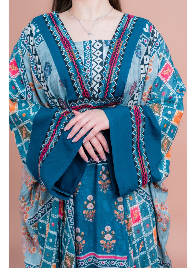 IKKXA Boho Embroidered Loose Fit Jalabiya IK077 Blue - Image 4